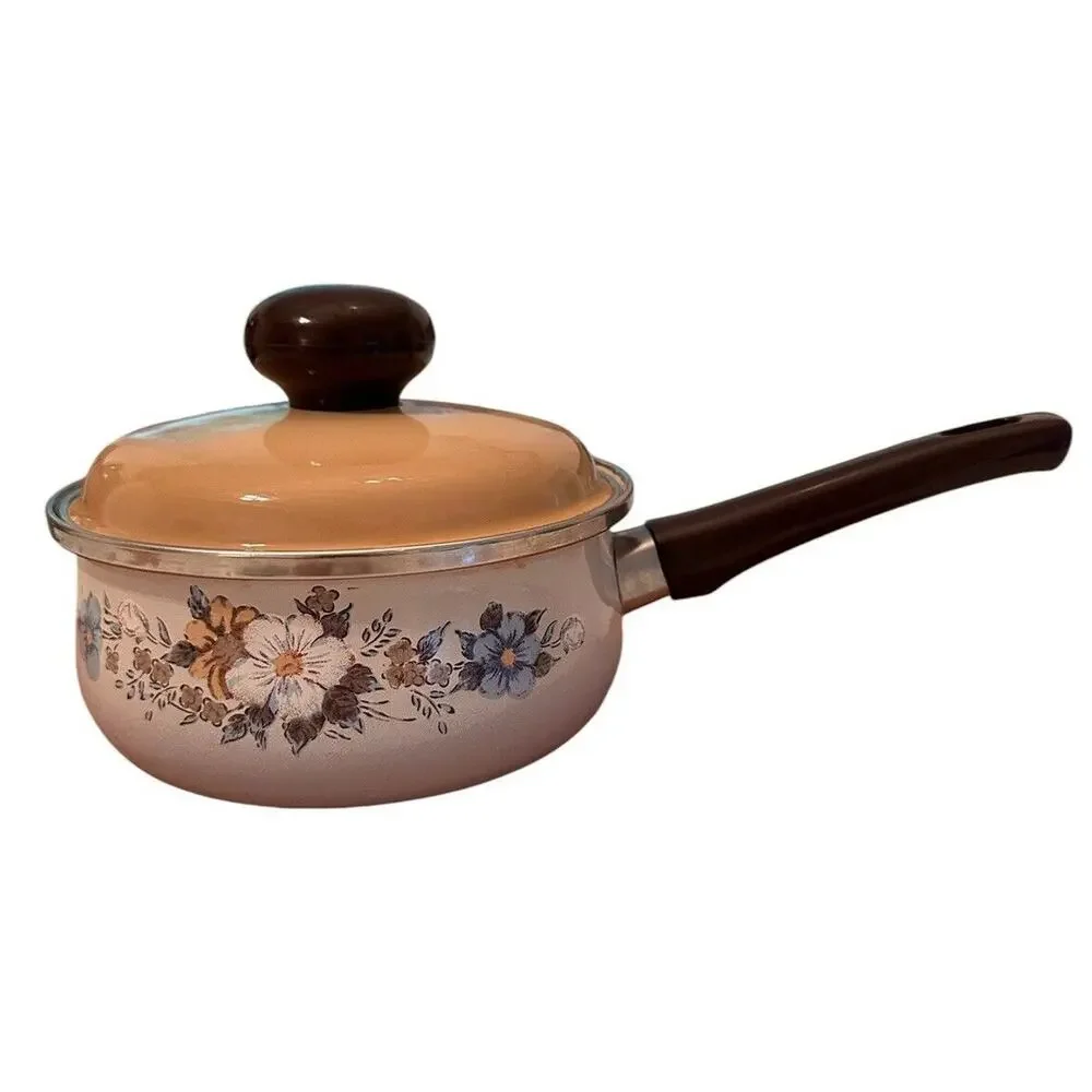 Vintage Crowning Spring Bouquet 1.5 Quart Saucepan Retro 60s 70s Cookware Enamel